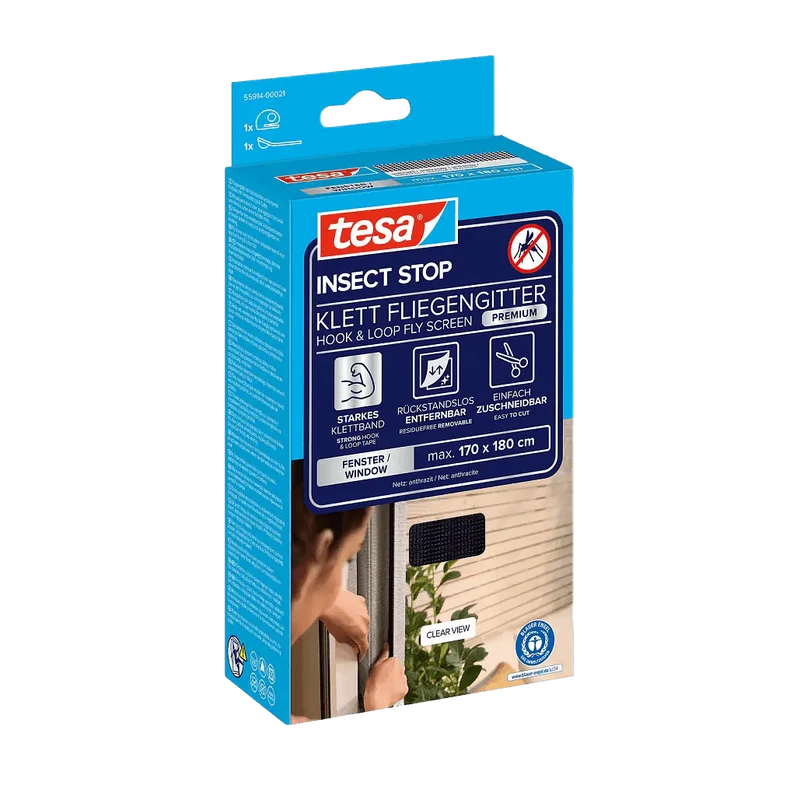 tesa Insect Stop Premium klittenbandhor – raam 170 x 180 cm, antraciet